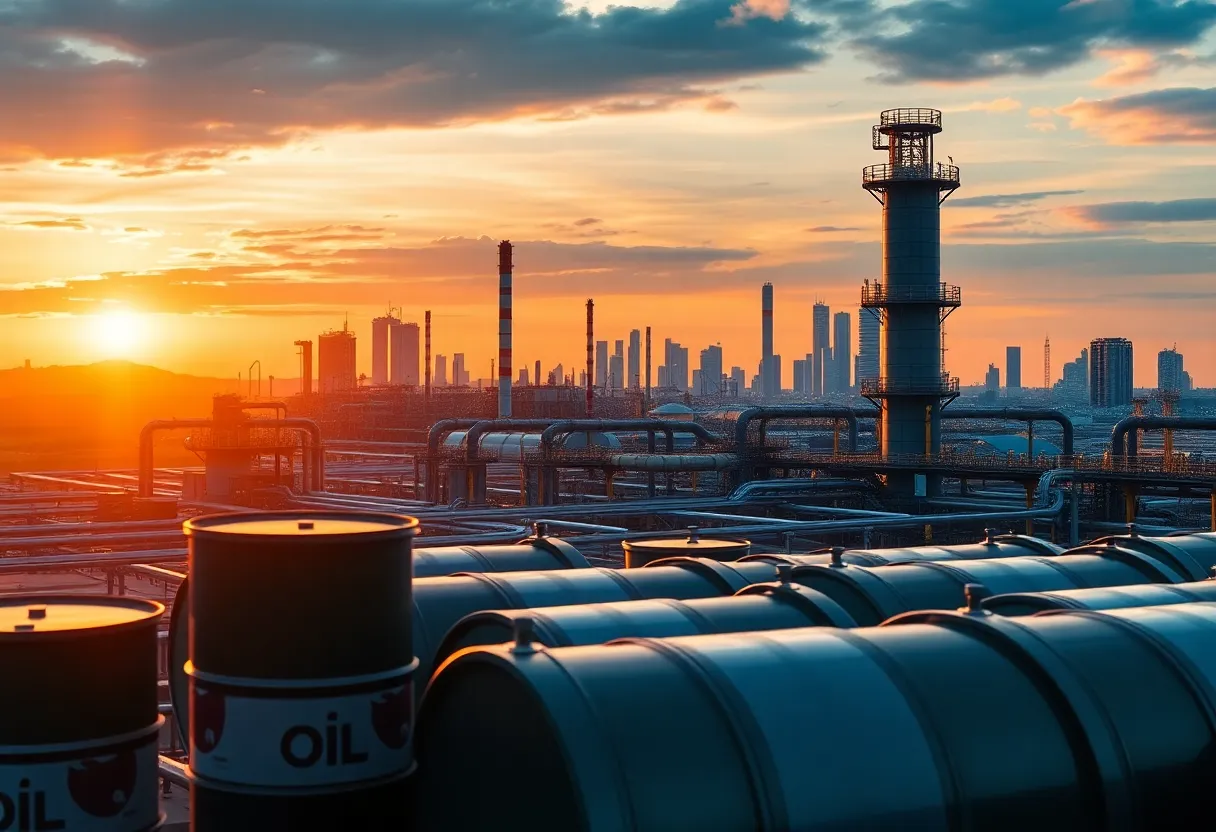 A modern oil refinery during sunset with oil barrels and city skyline
