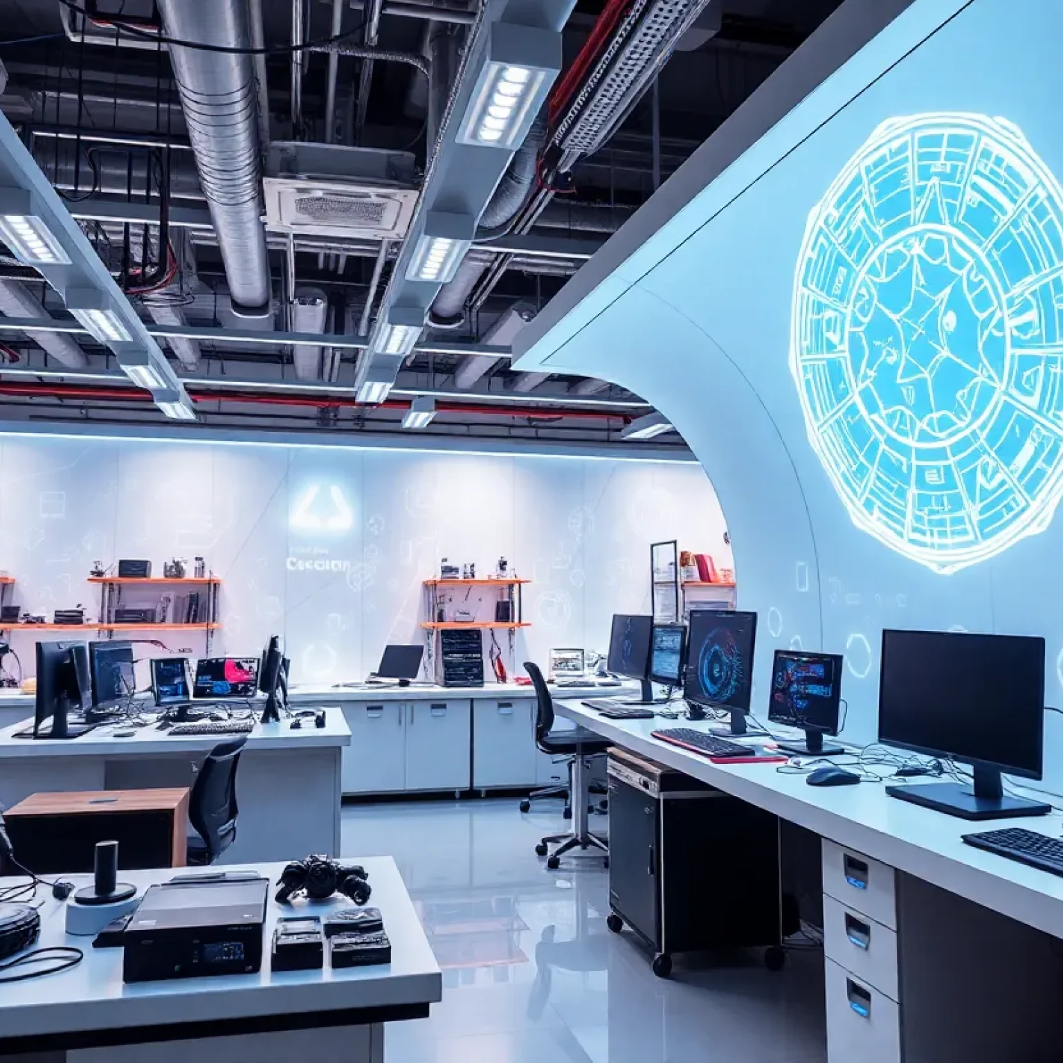 Futuristic AI lab with innovative designs