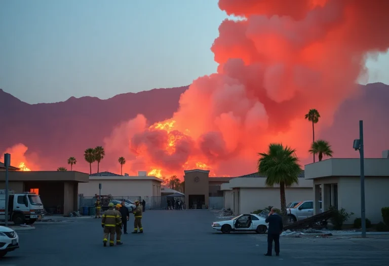 Aftermath of the Palm Springs explosion showing smoke and debris.