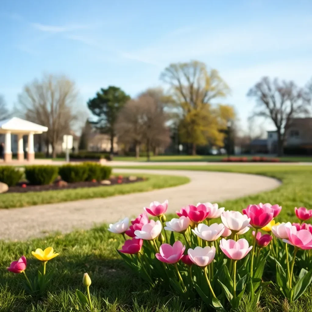 A serene park in Novi, Michigan with flowers blooming.