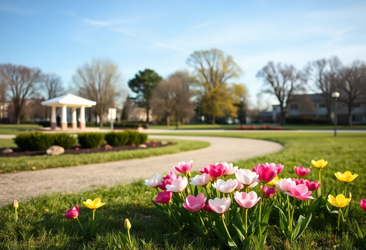 A serene park in Novi, Michigan with flowers blooming.