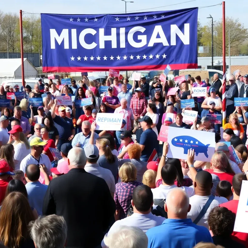 Crowd at a political rally in Michigan with campaign signs.