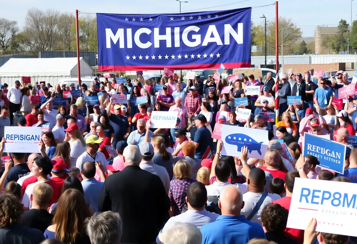 Crowd at a political rally in Michigan with campaign signs.