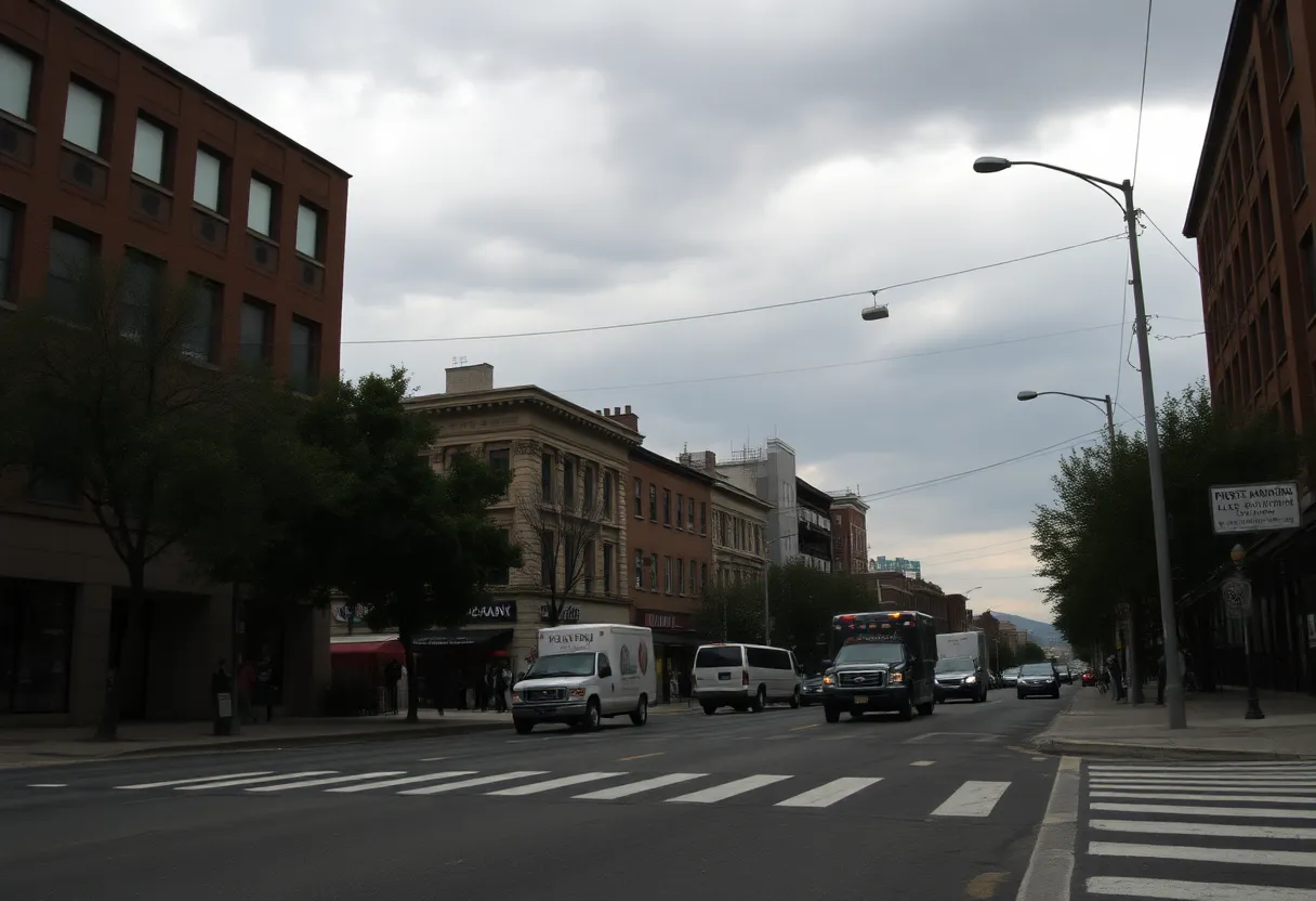 Urban scene depicting political tension and community unease.