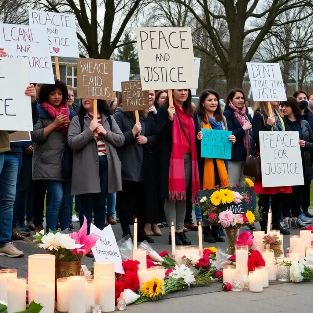 A peaceful protest in Novi, Michigan, with participants holding placards against terrorism.