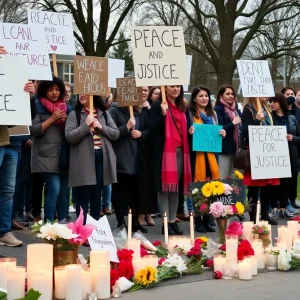 A peaceful protest in Novi, Michigan, with participants holding placards against terrorism.