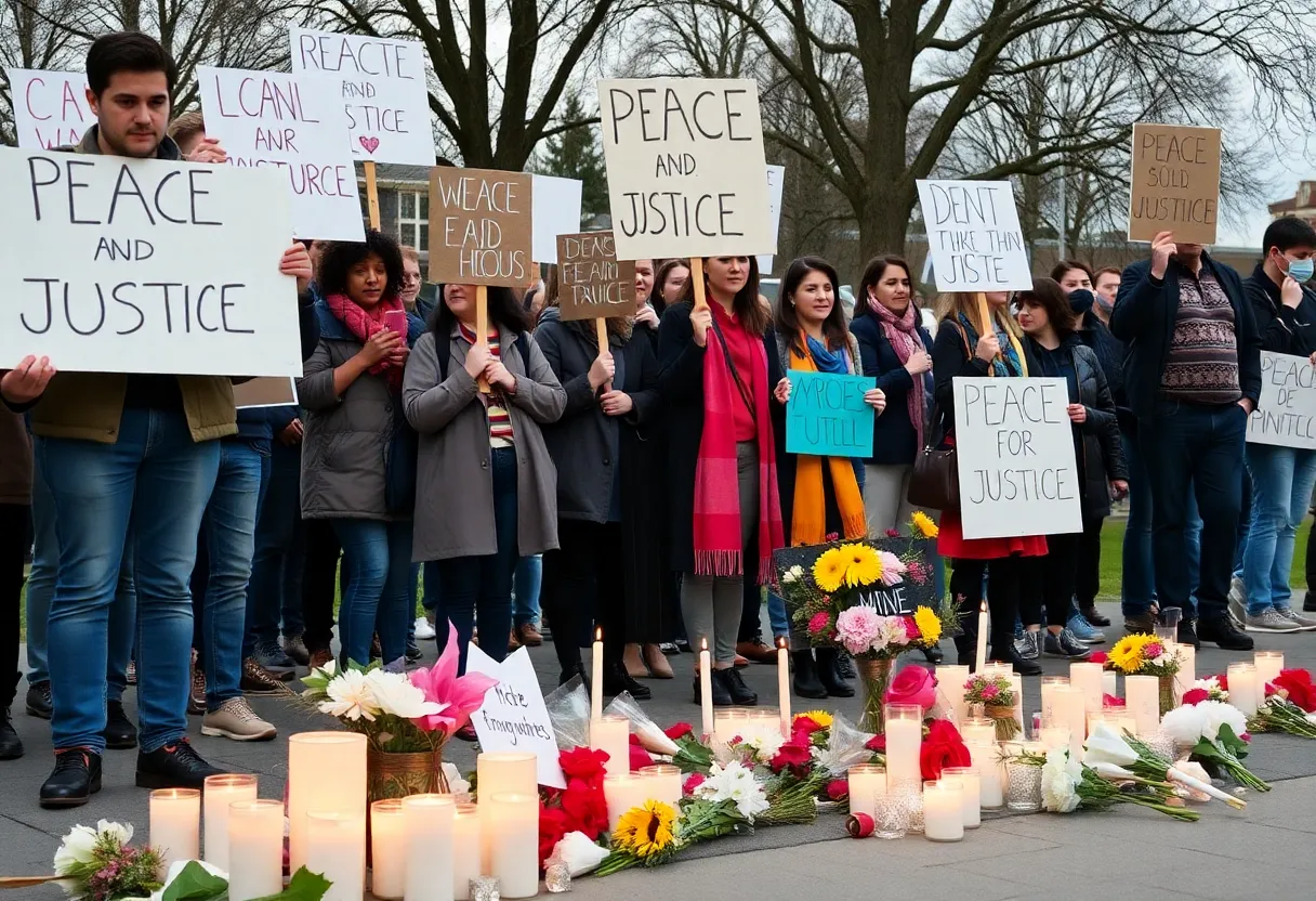 A peaceful protest in Novi, Michigan, with participants holding placards against terrorism.