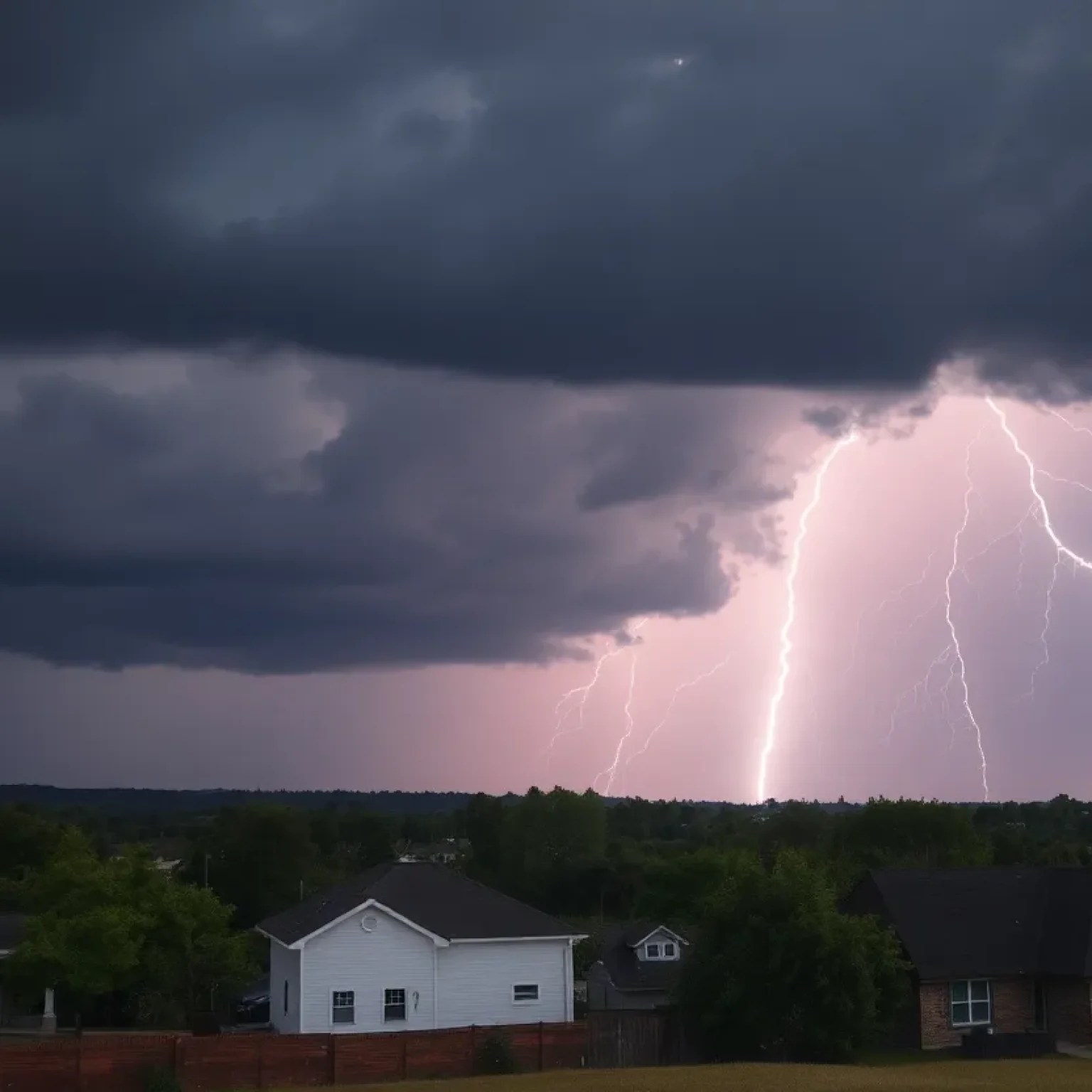 A community impacted by severe weather, showcasing dark storm clouds and lightning.