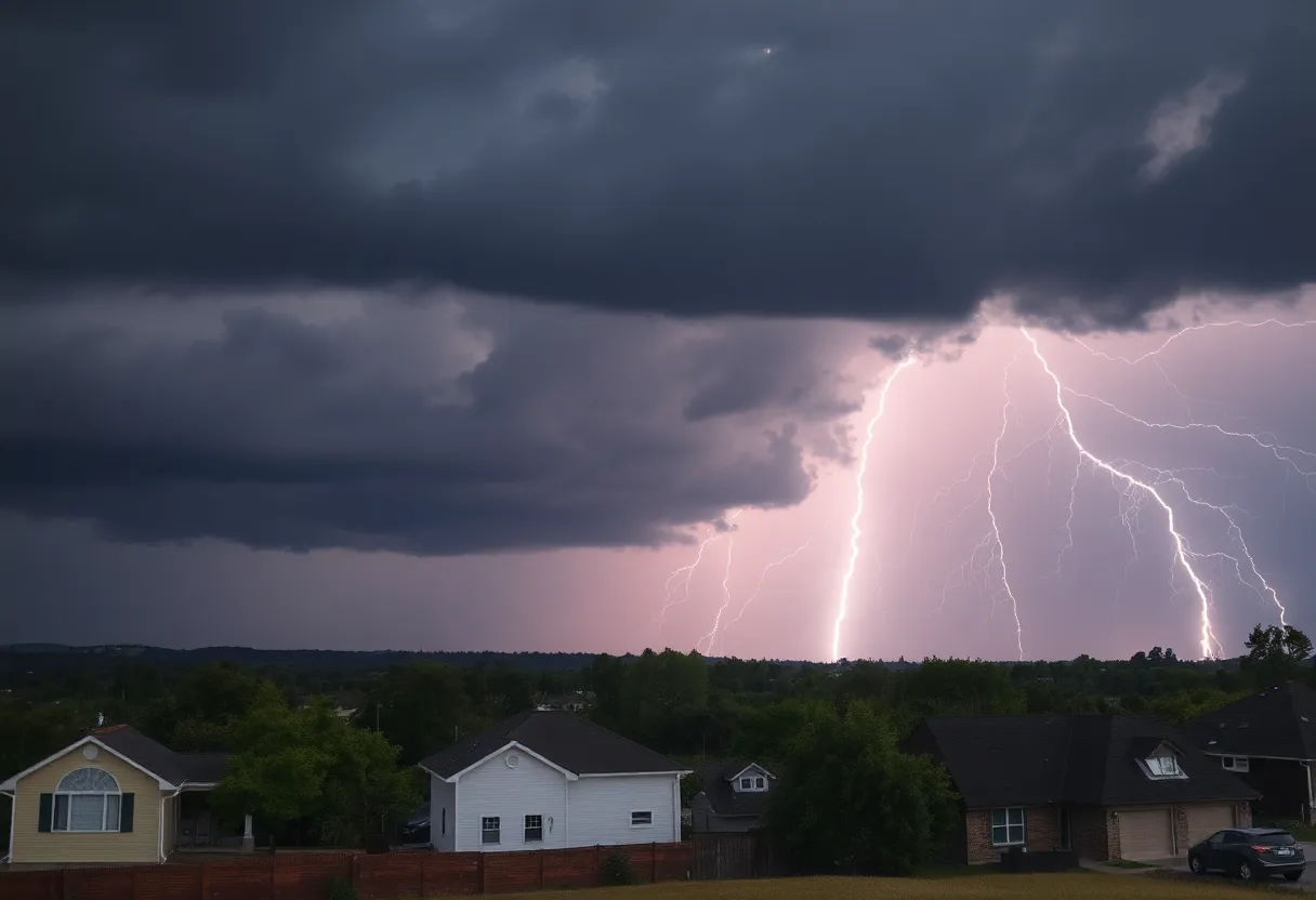 A community impacted by severe weather, showcasing dark storm clouds and lightning.
