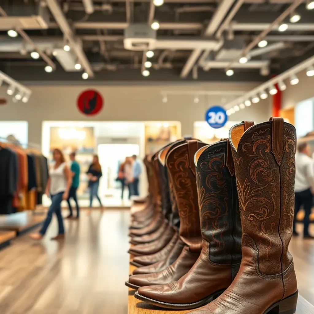 Inside view of Tecovas store featuring cowboy boots and denim