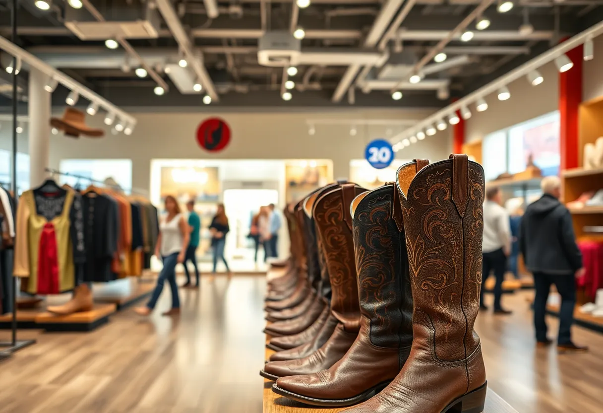 Inside view of Tecovas store featuring cowboy boots and denim