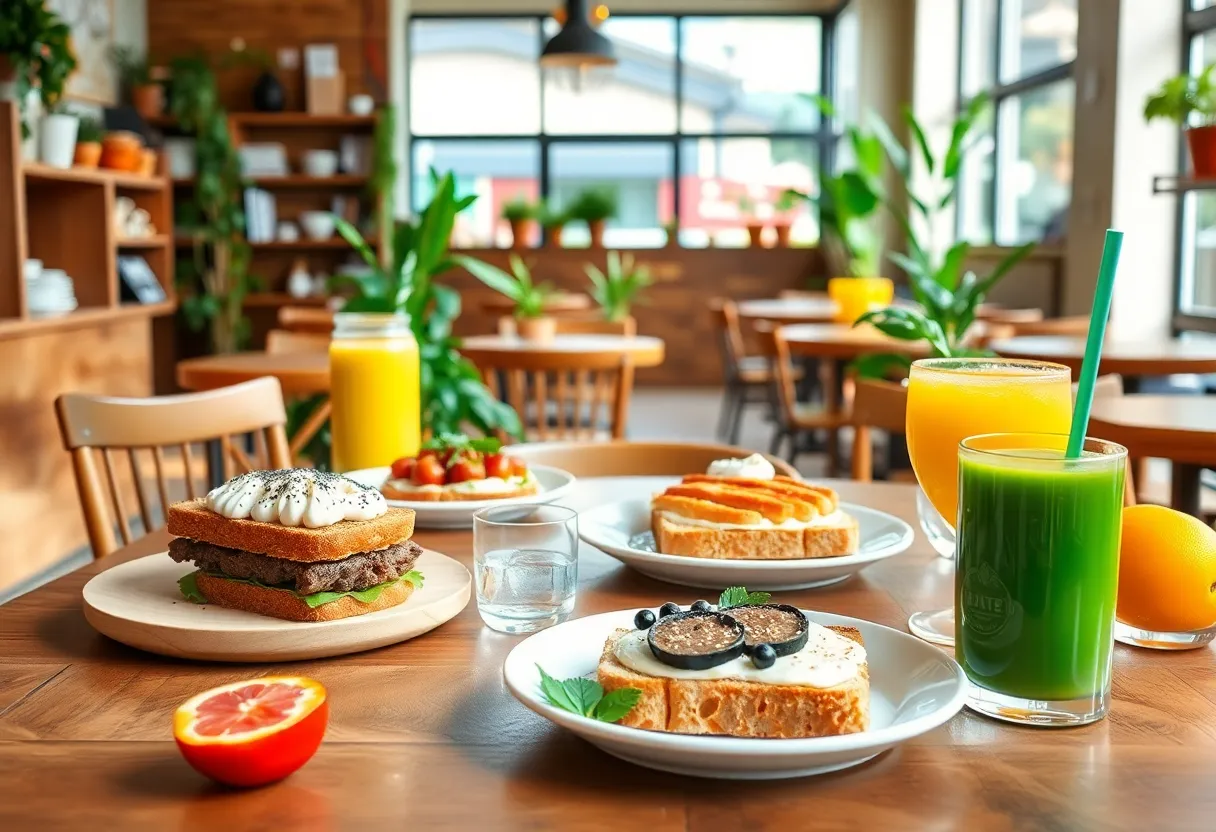 Interior of Toastique cafe showcasing gourmet toasts and juices.