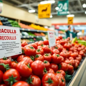 Fresh tomatoes with a recall warning sign