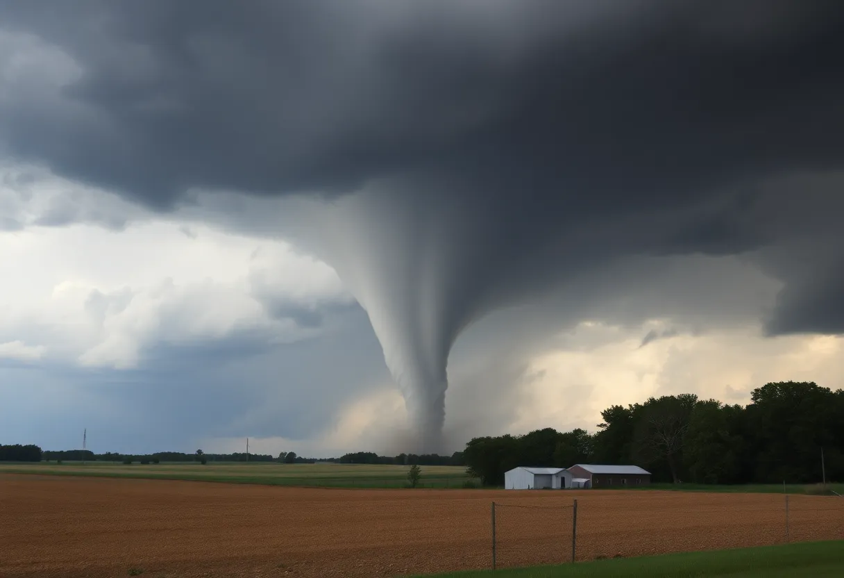 Scene of tornado damage in Michigan with uprooted trees and damaged buildings.