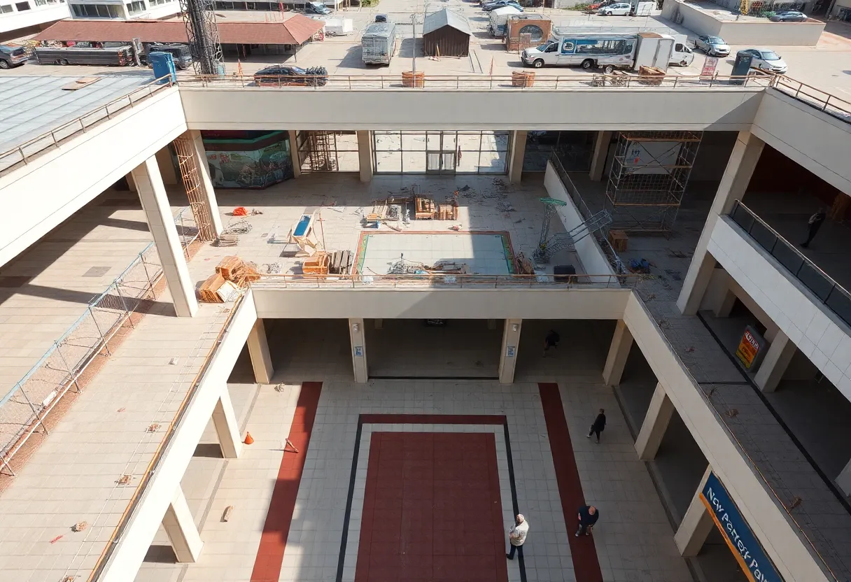 Aerial view of Twelve Oaks Mall under renovation.