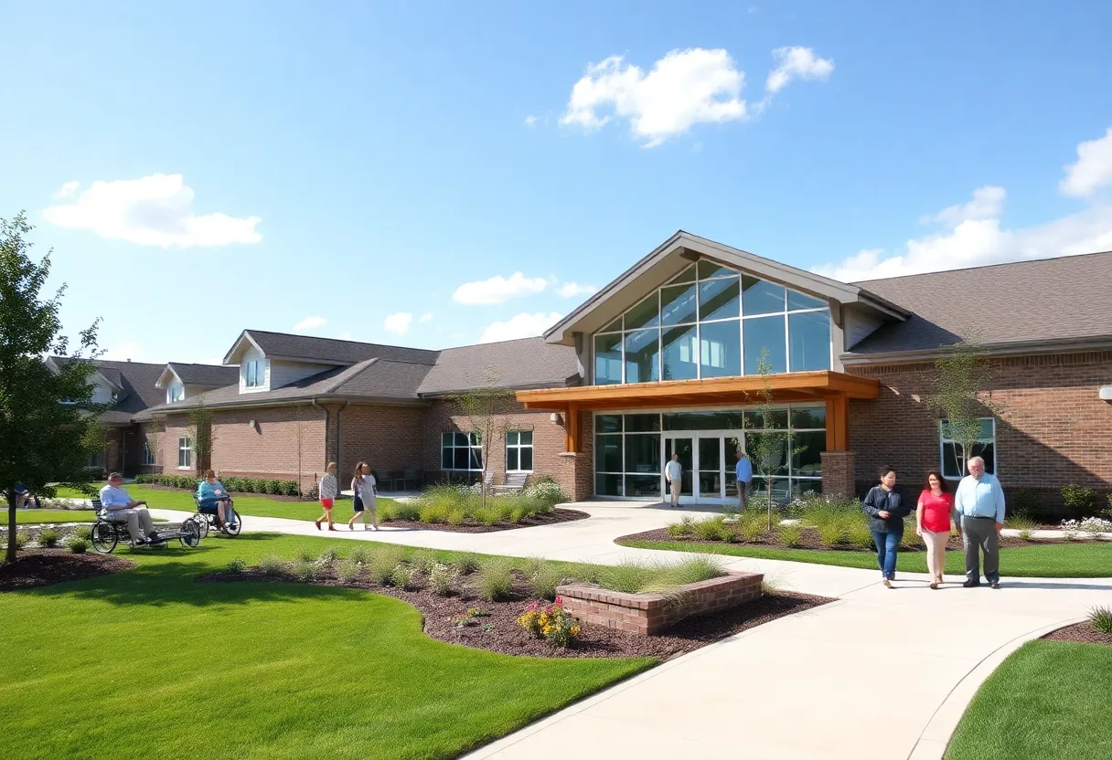 Render of a new long-term care facility for veterans surrounded by greenery.