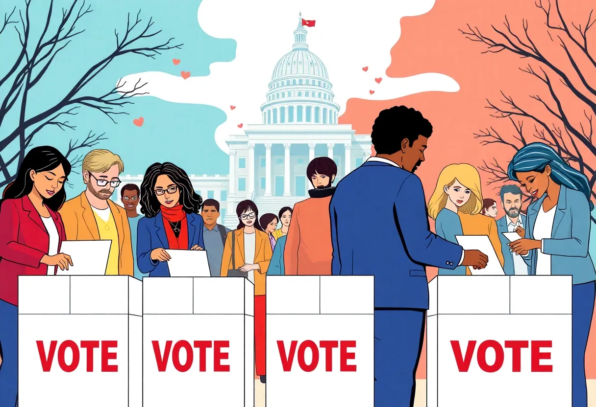 Diverse voters casting ballots in front of a state capitol building