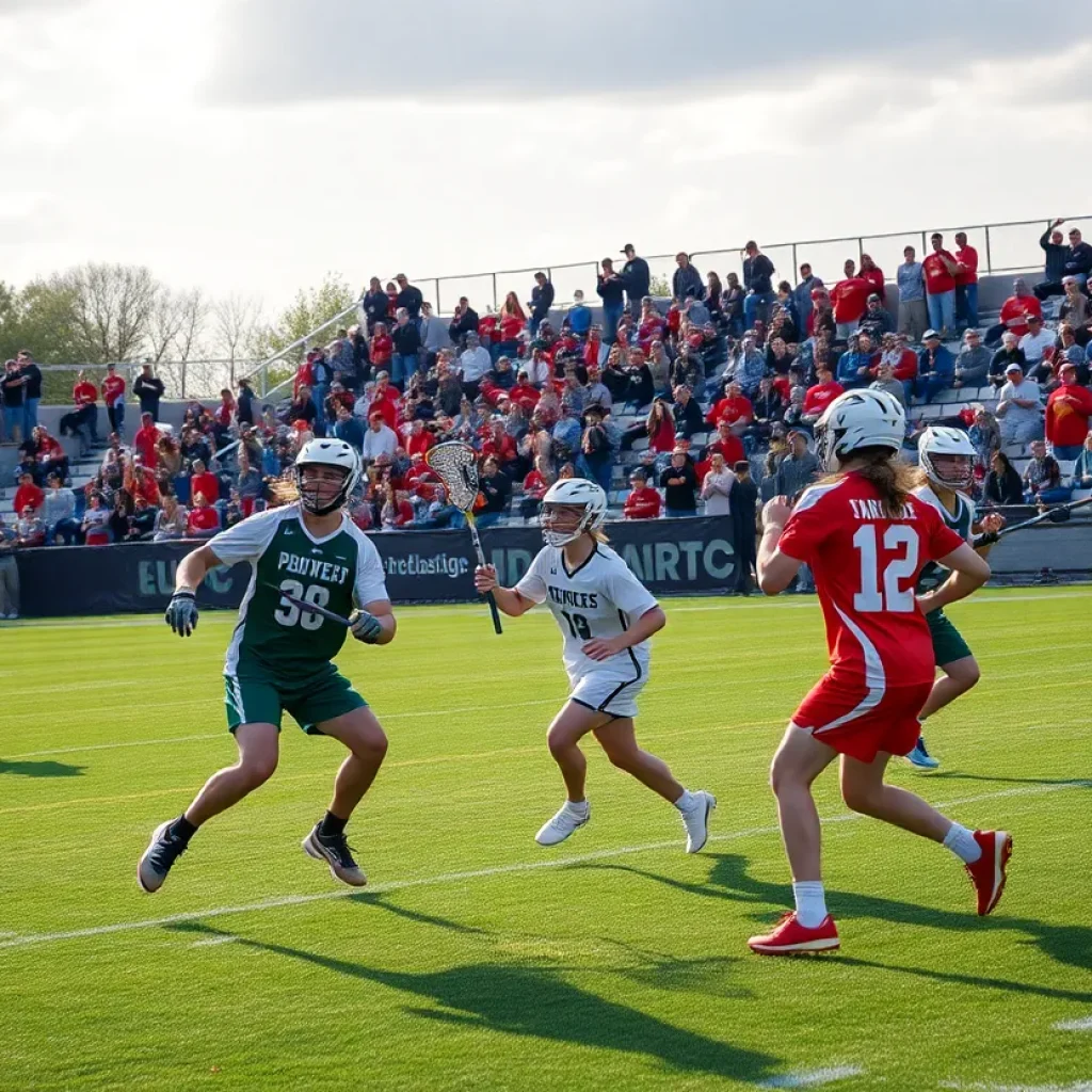 Lacrosse players from Walled Lake Northern and Novi High School competing on the field.