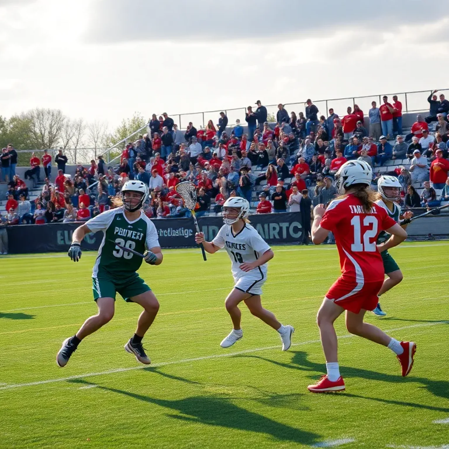 Lacrosse players from Walled Lake Northern and Novi High School competing on the field.