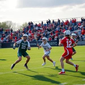 Lacrosse players from Walled Lake Northern and Novi High School competing on the field.