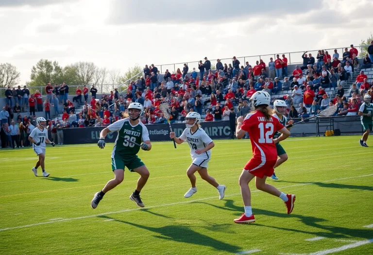 Lacrosse players from Walled Lake Northern and Novi High School competing on the field.