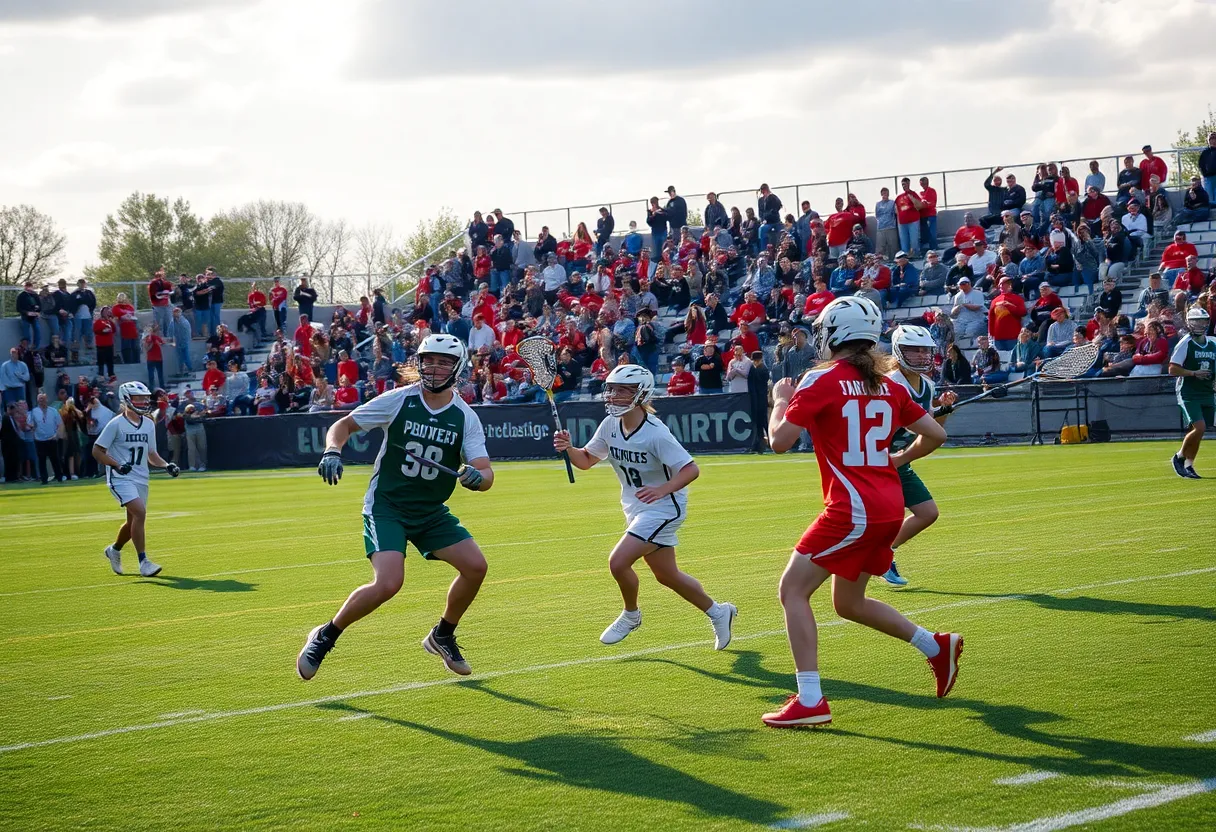 Lacrosse players from Walled Lake Northern and Novi High School competing on the field.