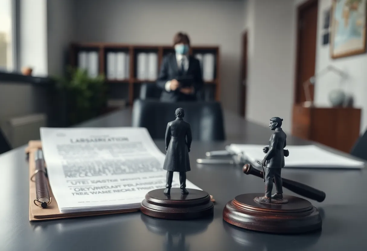 An office desk with legal documents representing workplace harassment issues.