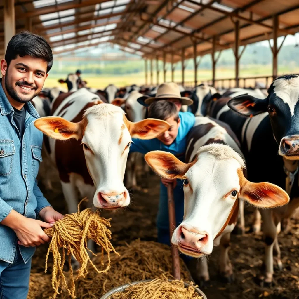 Young individuals involved in dairy farming activities on a farm.