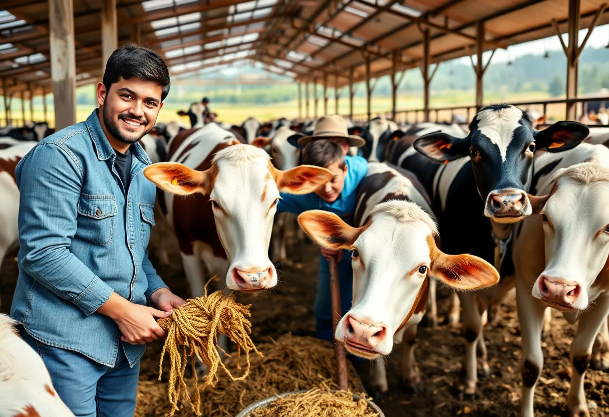 Young individuals involved in dairy farming activities on a farm.
