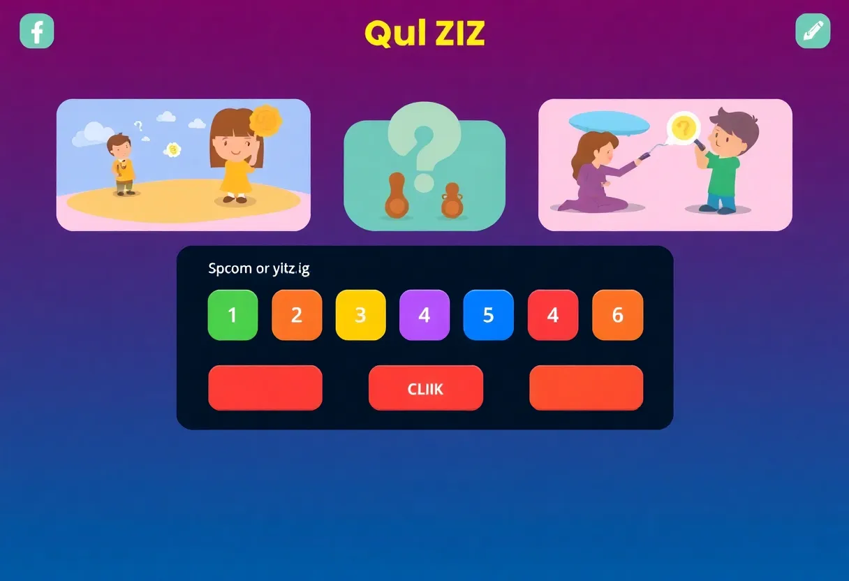 Colorful quiz interface with engaging graphics and clickable buttons.