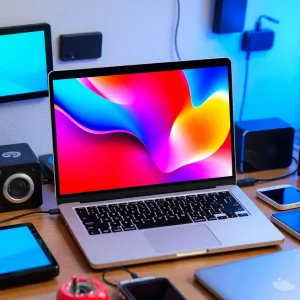 A vibrant laptop surrounded by diverse technology devices.