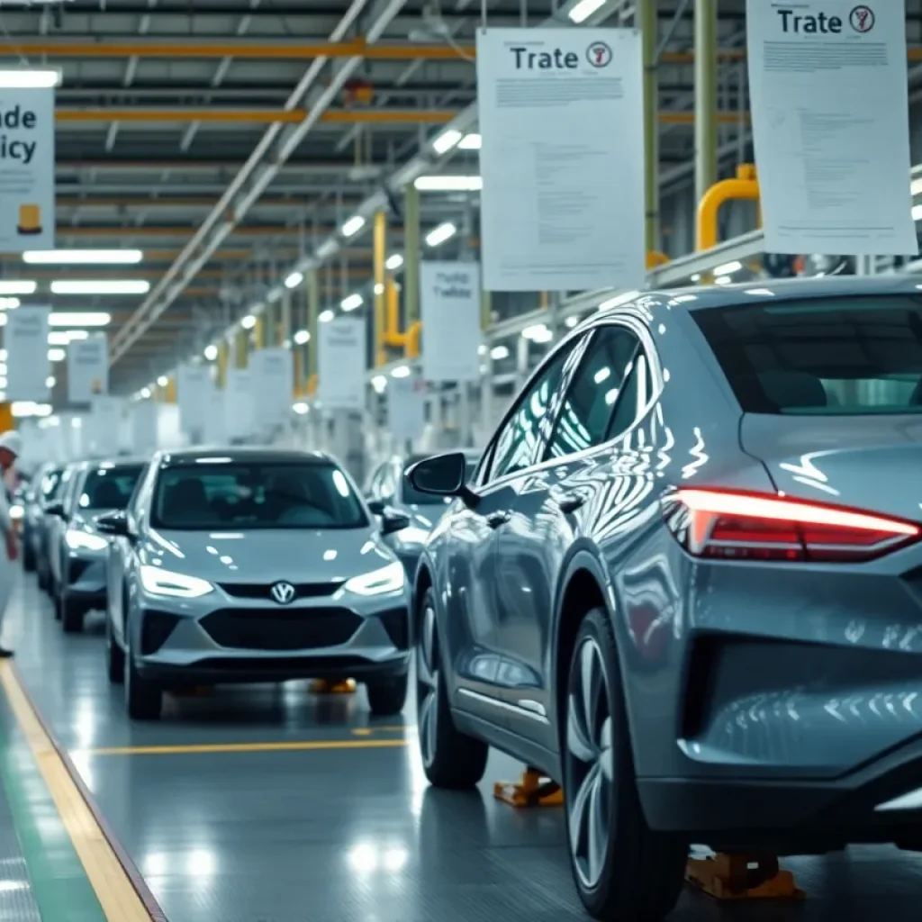 Production line in an automotive factory focusing on electric vehicle assembly