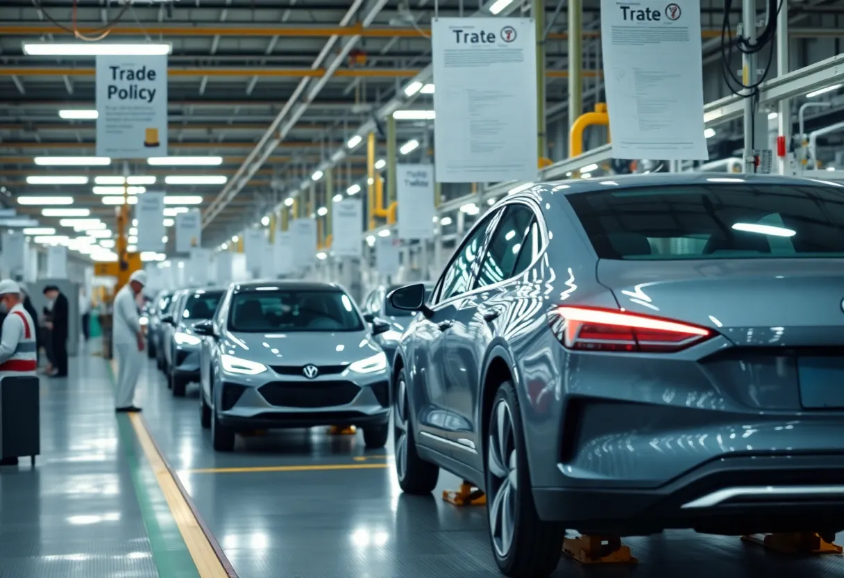 Production line in an automotive factory focusing on electric vehicle assembly