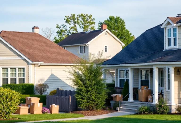 A neighborhood scene with delivery packages on doorsteps