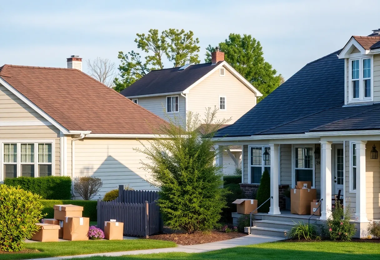 A neighborhood scene with delivery packages on doorsteps