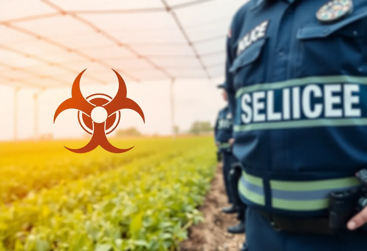 Biosecurity measures with crops and biohazard symbol