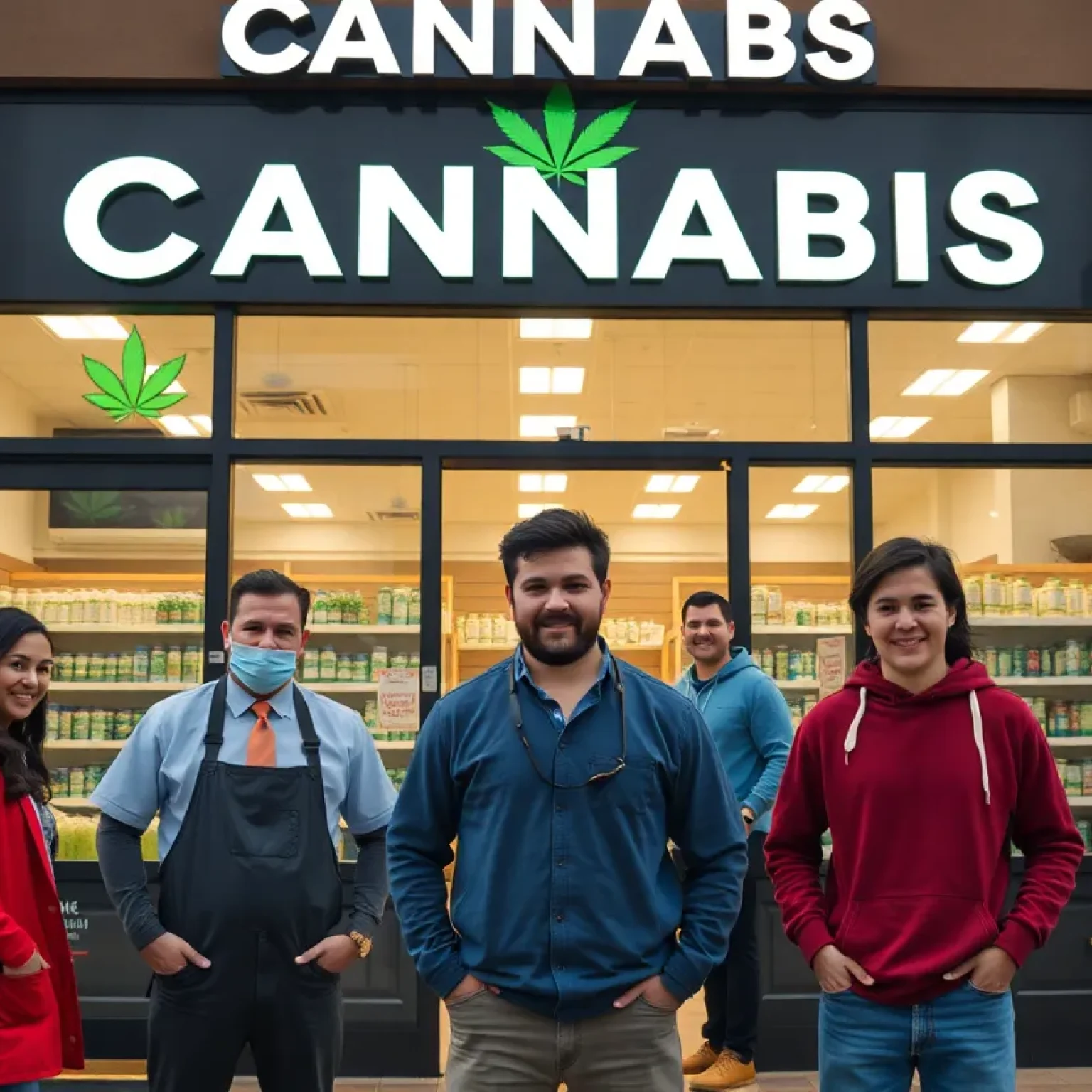 Workers at a cannabis dispensary smiling and engaging with customers
