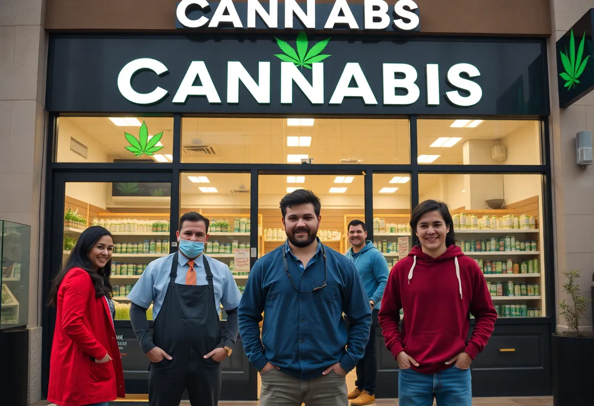 Workers at a cannabis dispensary smiling and engaging with customers
