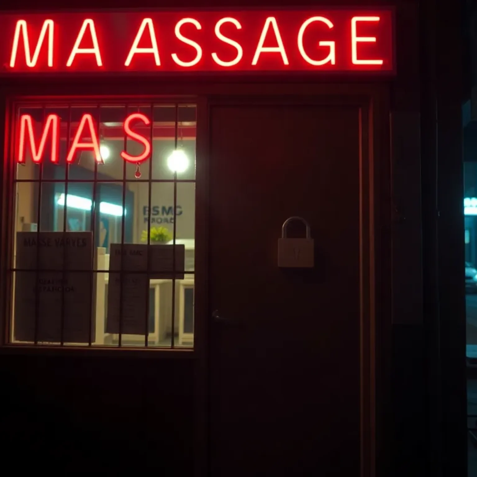 Image of a closed massage parlor door, representing human trafficking investigation.