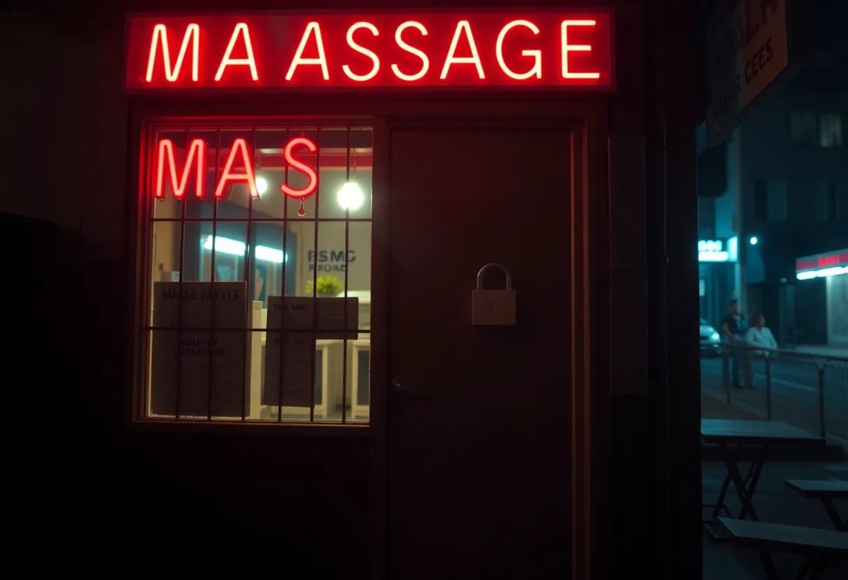 Image of a closed massage parlor door, representing human trafficking investigation.
