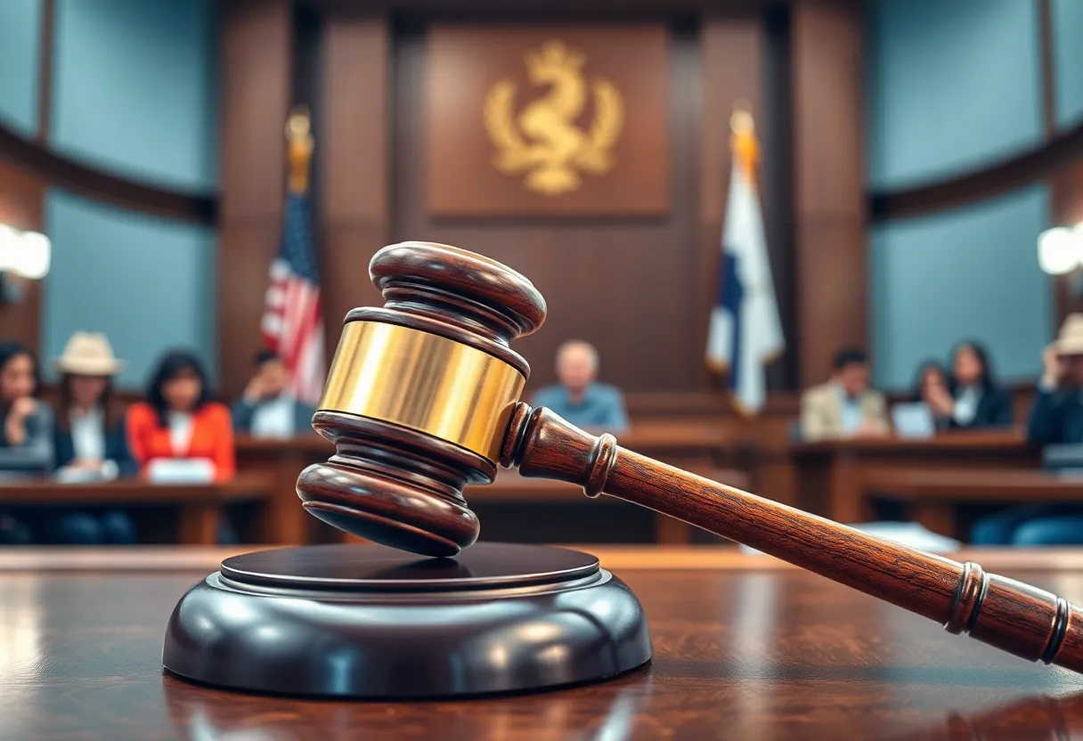 A courtroom with a gavel representing legal challenges faced by gyms during the pandemic