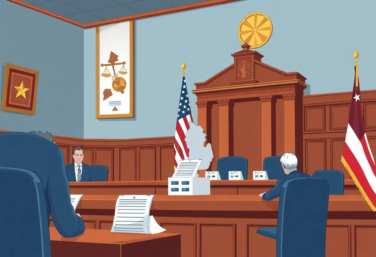 Illustration of a courtroom discussing election integrity issues in Michigan