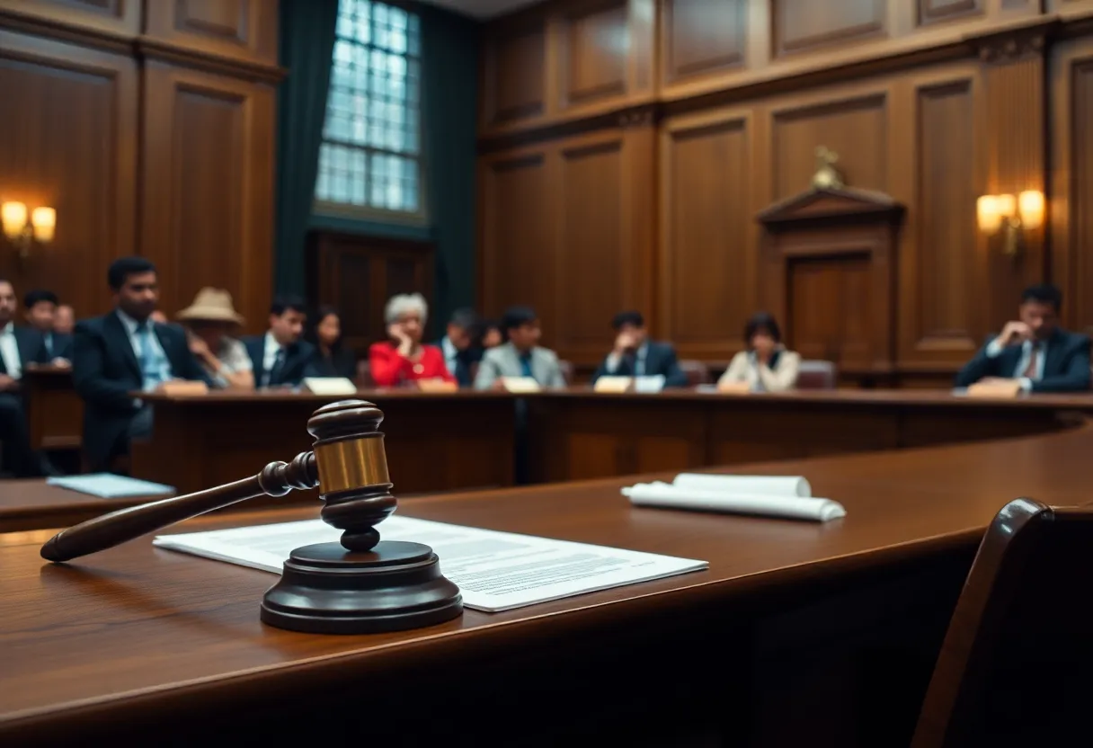 A courtroom with a jury and judge presiding over a labor trafficking case.