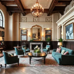 Interior view of the renovated Detroit Foundation Hotel lobby with modern furnishings and historical elements.
