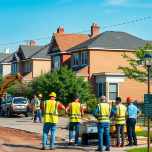 Detroit skyline with home repair and community improvement in progress.