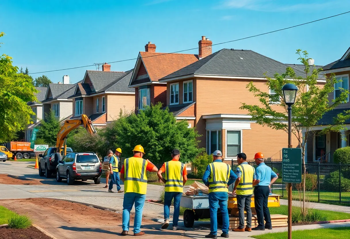 Detroit skyline with home repair and community improvement in progress.