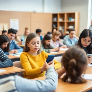 Students learning without cellphones in a classroom