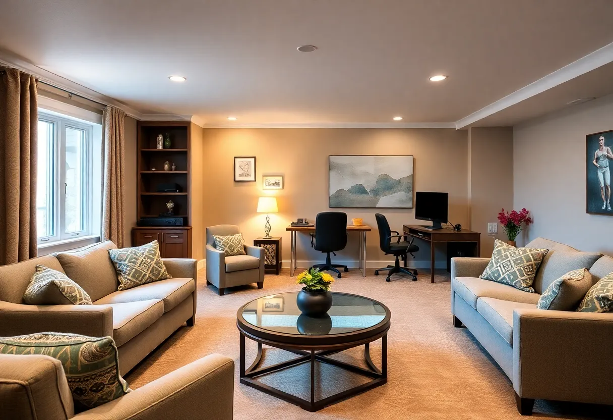 A finished basement showcasing a cozy living area, workspace, and game zone.
