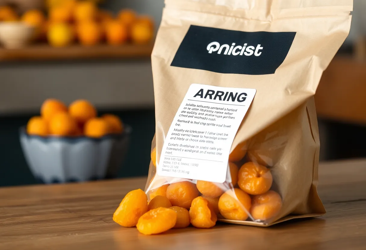 Paper bag of Floria Dried Apricots with a warning label about undeclared sulfites