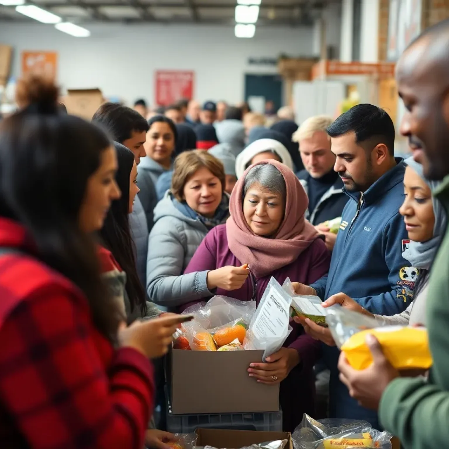 People receiving food at a busy food bank in Michigan.
